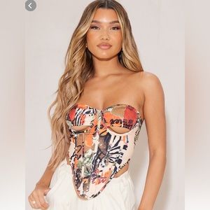 PLT- Woven Print Cut Out Lace Up Corset in Brown